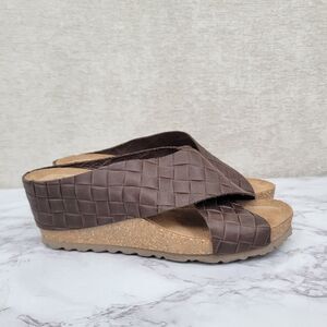 Yokono Brown Woven Leather Wedge Slide Cork Sandals Women's Size 7.5